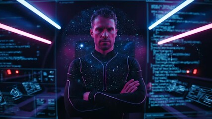 man suit arm crossed at control console. monitor and screen glow under neon light. galaxy backdrop frames figure in futuristic interior. console display and monitor element create tech atmosphere. - Powered by Adobe