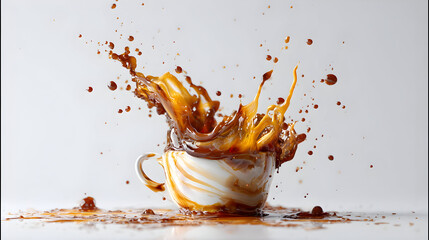 Dynamic coffee splash against white background for beverage art and advertising