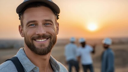 Smiling construction worker in hardhat at site