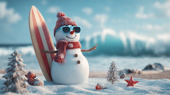 A snowman sporting cool blue shades, festive scarf, and a cheerful grin, chills on a snowy beach beside a surfboard, blending winter whimsy with summer vibes.