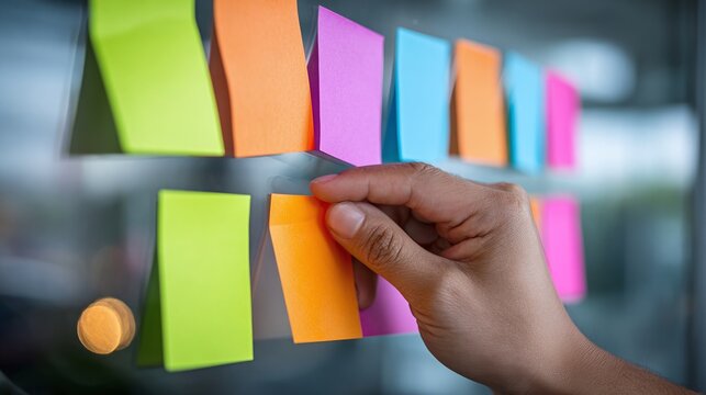 Brainstorming session with vibrant sticky notes! A hand carefully places a note on a wall, surrounded by colorful ideas. A visual reminder of collaboration.
