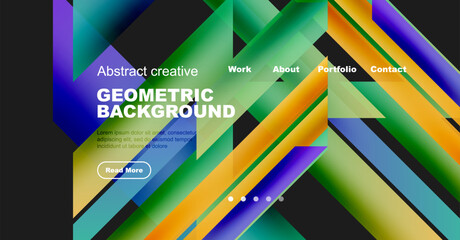 Vibrant geometric design. Diagonal shapes overlap, creating colorful gradients. Text promotes work, portfolio, contact options.