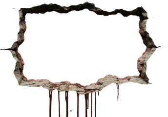 Jagged concrete opening with dripping liquid isolated on transparent background broken frame hole crack damage destruction