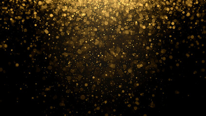 Obraz premium Falling Gold Glitter Particles on a Dark Black Background with Bokeh Effects dust