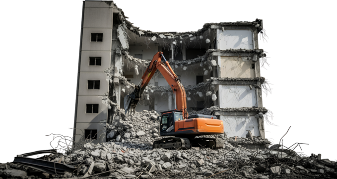 An orange excavator demolishes a multi story concrete building creating piles of rubble and debris during daytime demolition