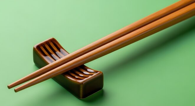 A pair of wooden chopsticks resting on a ceramic chopstick holder against a pastel green background, illustrating traditional Asian dining utensils
