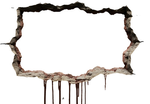 Jagged concrete opening with dripping liquid isolated on transparent background broken frame hole crack damage destruction