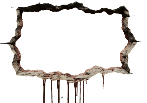Jagged concrete opening with dripping liquid isolated on transparent background broken frame hole crack damage destruction
