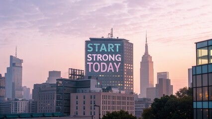 Inspirational city skyline at dawn displaying motivational message to start strong today for urban lifestyle and business motivation