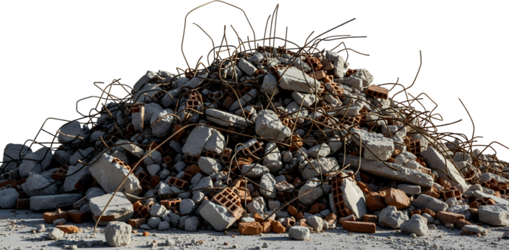 Pile Of Broken Concrete Pieces Bricks And Tangled Rebar Construction Debris Isolated Transparent Background Demolition Rubble