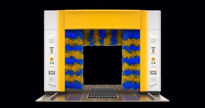 Automatic car wash machine with rotating brushes - 3D animation isolated on transparent background seamlessly loopable
