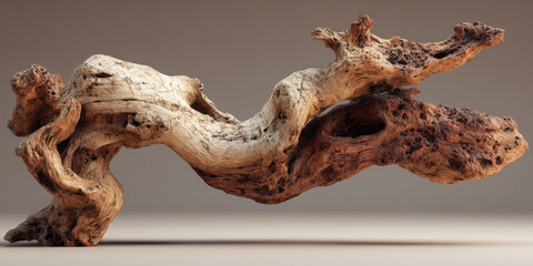 Abstract driftwood sculpture on plain brown background in 3D render