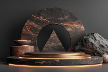 Black marble podium with gold arches and triangular design on dark background
