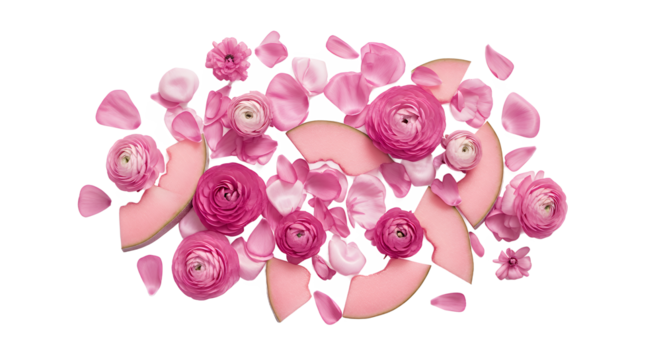 Delicate pink ranunculus flowers, scattered petals, and fresh melon slices create a vibrant and elegant composition on a pristine white background, perfect for a refreshing summer theme