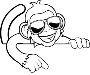 A monkey cool cartoon character animal wearing sunglasses peeking over a sign and pointing