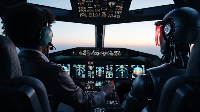 Human pilot flies aircraft with robot copilot in modern cockpit at sunset. Pilot and robot control airplane together. Aviation team flies with robot assistant. Cockpit shows pilot and robot during fli