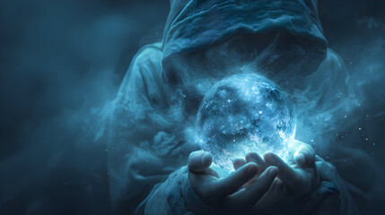 Enchanting cosmic fantasy scene with hooded figure holding radiant orb
