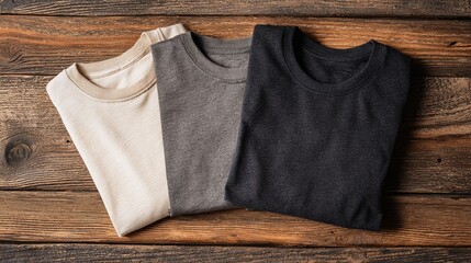Three folded t-shirts in neutral colors lie on rustic wooden surface. Shirts range from light beige to dark gray, minimalist style on textured wood. Modern simplicity.