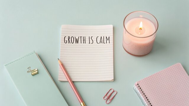 Inspirational Workspace with Notepad, Pink Pen, Candle and Stationery for Motivational Growth and Calmness Theme