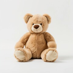 Obraz premium Teddy bear sitting alone on plain white background, soft plush texture, product mockup style.