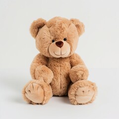 Obraz premium Teddy bear sitting alone on plain white background, soft plush texture, product mockup style.