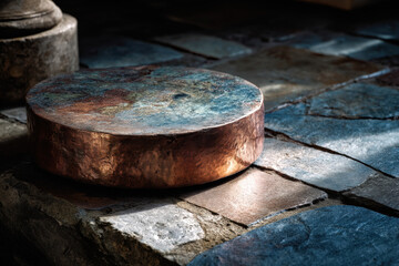 Copper disc platform on dark textured slate floor with moody soft lighting