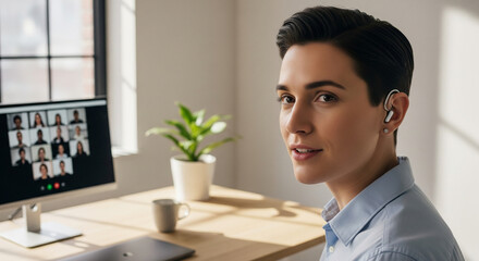 professional woman engaged in video conference, showcasing focus and collaboration