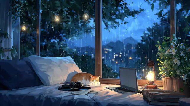 Cozy cat relaxes by laptop and lamp on a rainy night, watching city lights twinkle through the window