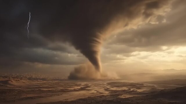 Dramatic sky with lightning strikes and powerful tornado formation