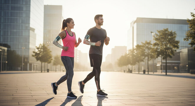 Active couple jogging in modern cityscape during sunrise, showcasing fitness and vitality - Powered by Adobe