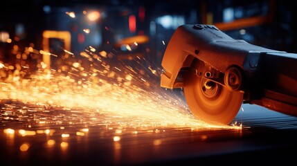 Close-up of a circular saw cutting metal with bright flying sparks in an industrial workshop. Strong concept of manufacturing, heavy industry, engineering, metalwork, and industrial safety