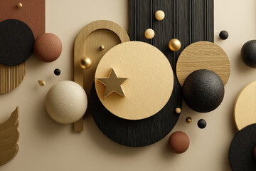 Elegant abstract design with black circles and star shapes on beige background