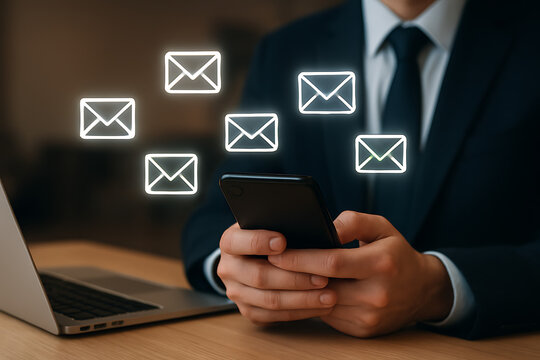 businessman using a mobile phone to check messages or emails with glowing digital envelope icons floating above the smartphone and laptop modern communication