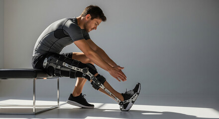man wearing robotic exoskeleton sits on bench, stretching his leg