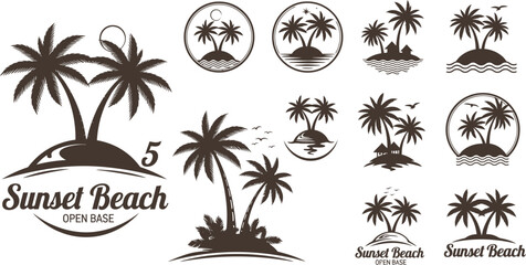 Collection of stylized tropical island palm tree silhouettes in various designs and circular frames for beach vacation themes