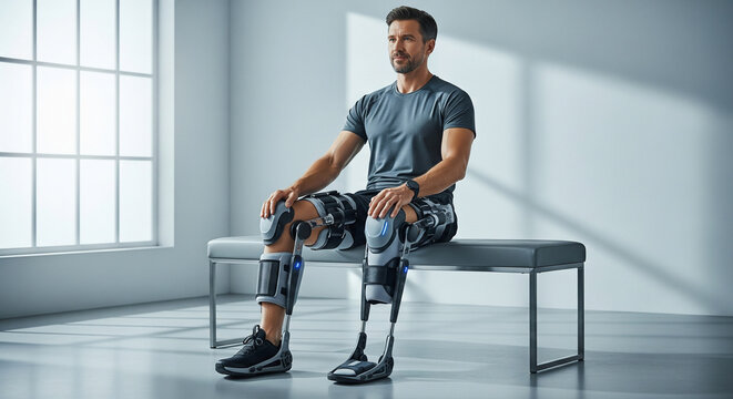 man wearing advanced robotic leg braces sits on bench, showcasing innovation in mobility
