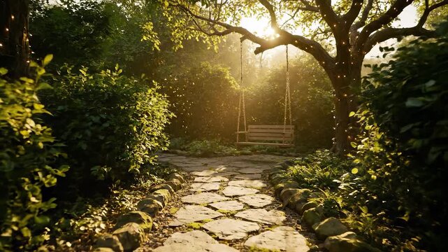 garden path features stone pavers and swing bench under tree. sunlight streams through leaf canopy toward gate. shade edges surround lush foliage along walkway. flagstone layout creates pattern.