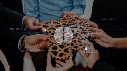 A dynamic representation of teamwork emphasizing gears symbolizing collaborative innovation, technology integration, and the impact of artificial intelligence in the business landscape. Raster
