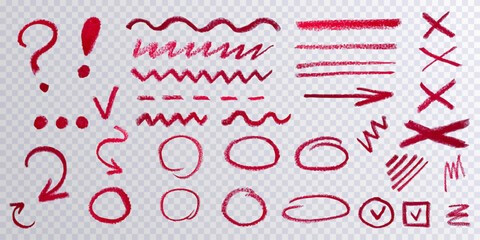 Collection of red pensil design elements: lines, arrows, strikethrough, strokes on transparent background. Group of chalked arrows and frames. Curved and wavy brush strokes. Vector illustration. 