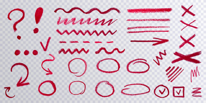Collection of red pensil design elements: lines, arrows, strikethrough, strokes on transparent background. Group of chalked arrows and frames. Curved and wavy brush strokes. Vector illustration. 
