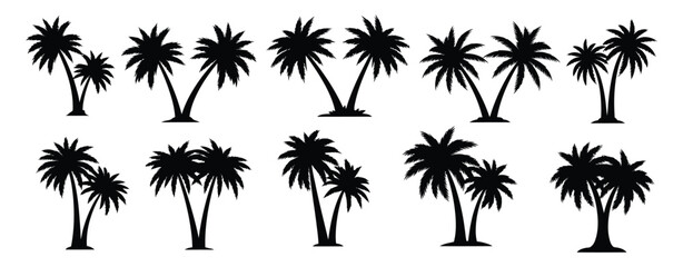Collection of diverse black silhouettes of various palm trees with different heights and shapes against a white background
