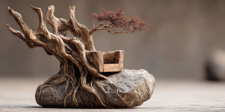 Ultra-realistic driftwood throne sculpture on carved rock with beige background