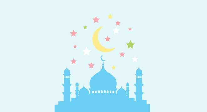 Eid mubarak vector illustration of mosque silhouette with moon and stars on blue.