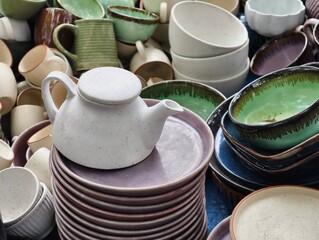 Hand made colorful ceramic pottery. Hand painted pottery. Traditional pottery fair in Pune, India.