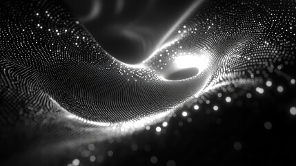 Abstract glowing particle wave flowing on black background