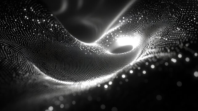Abstract glowing particle wave flowing on black background