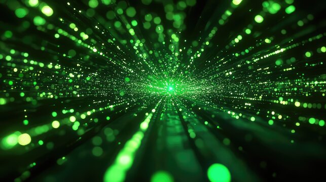 Digital data flowing through a futuristic green tunnel - Powered by Adobe