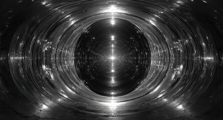 Black and white abstract 360-degree panorama with chrome shapes and shiny circles