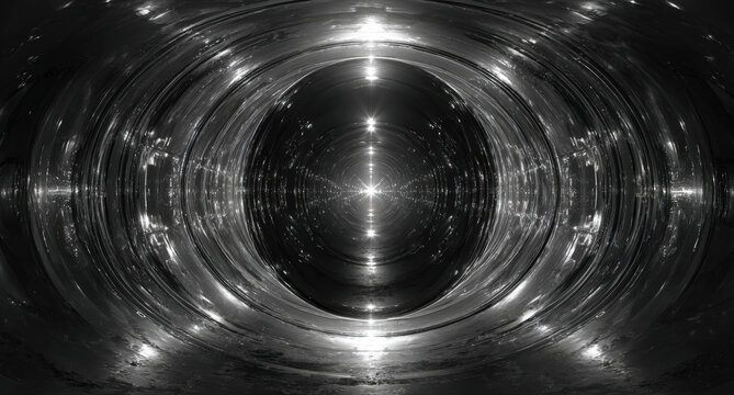 Black and white abstract 360-degree panorama with chrome shapes and shiny circles