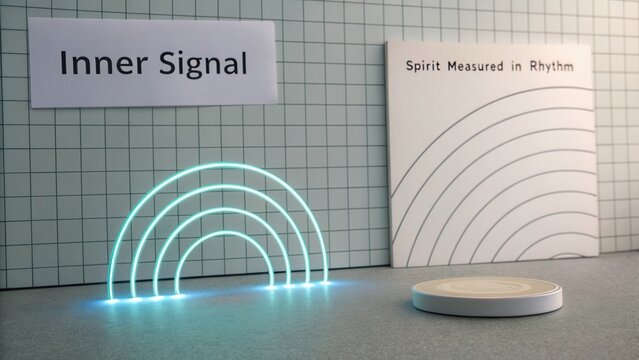 Neon-inspired arch design with album cover and sound device on minimalist surface for creative art projects - Powered by Adobe